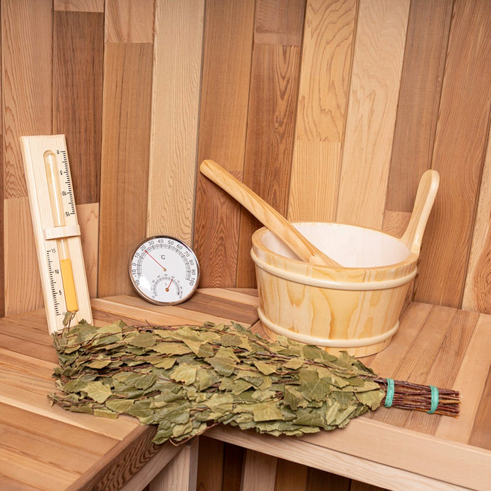 Inside view showing benches and heater of WIDO traditional outdoor sauna