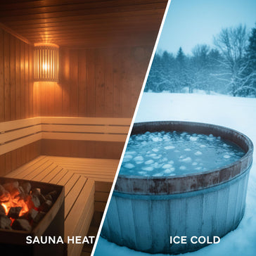 Person alternating between sauna and ice bath for contrast therapy to boost circulation, reduce inflammation, and enhance recovery.