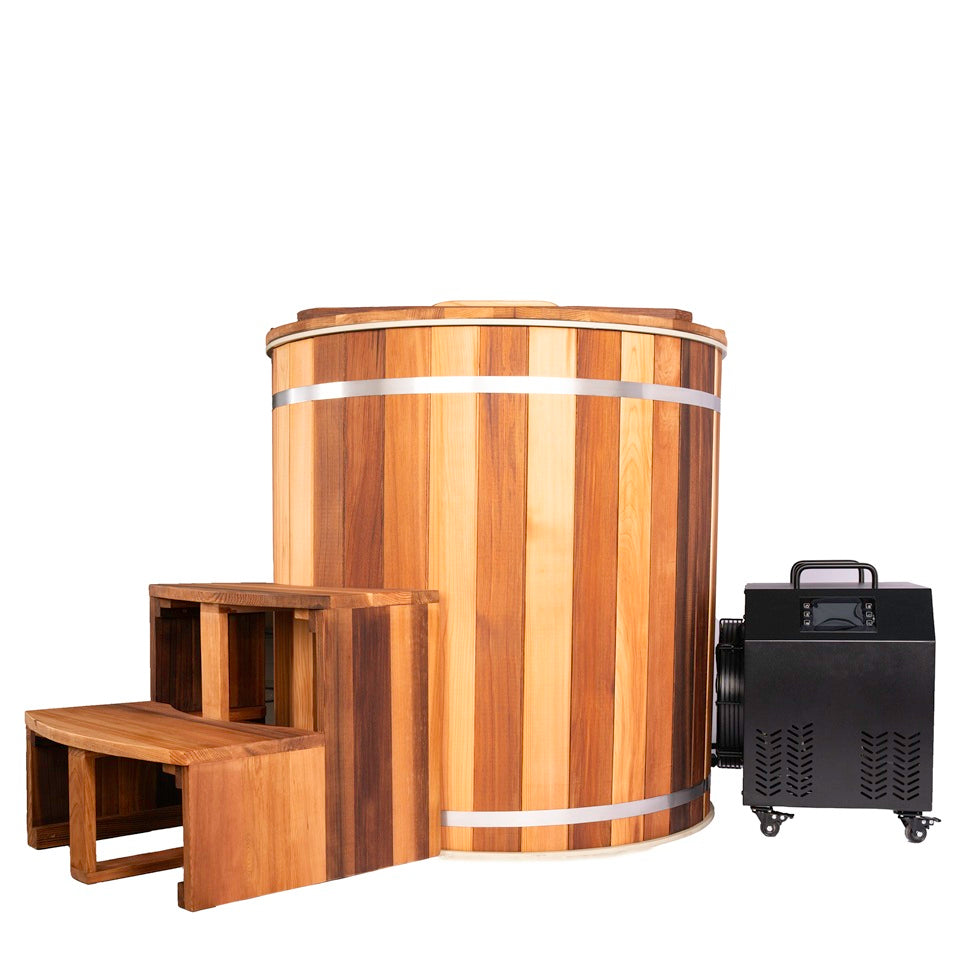 Cold plunge Wooden barrel ice bath tub with steps and chiller machine