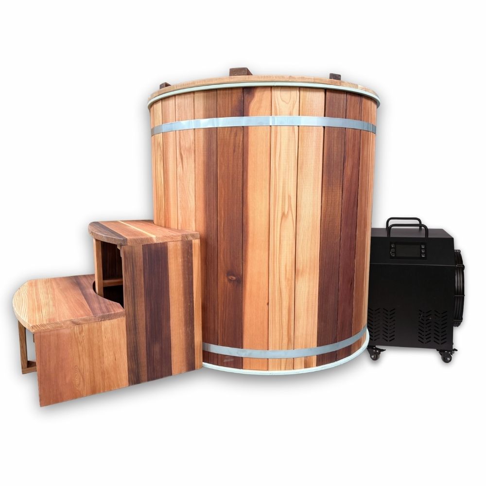 Cold plunge Wooden barrel ice bath tub with steps and chiller machine