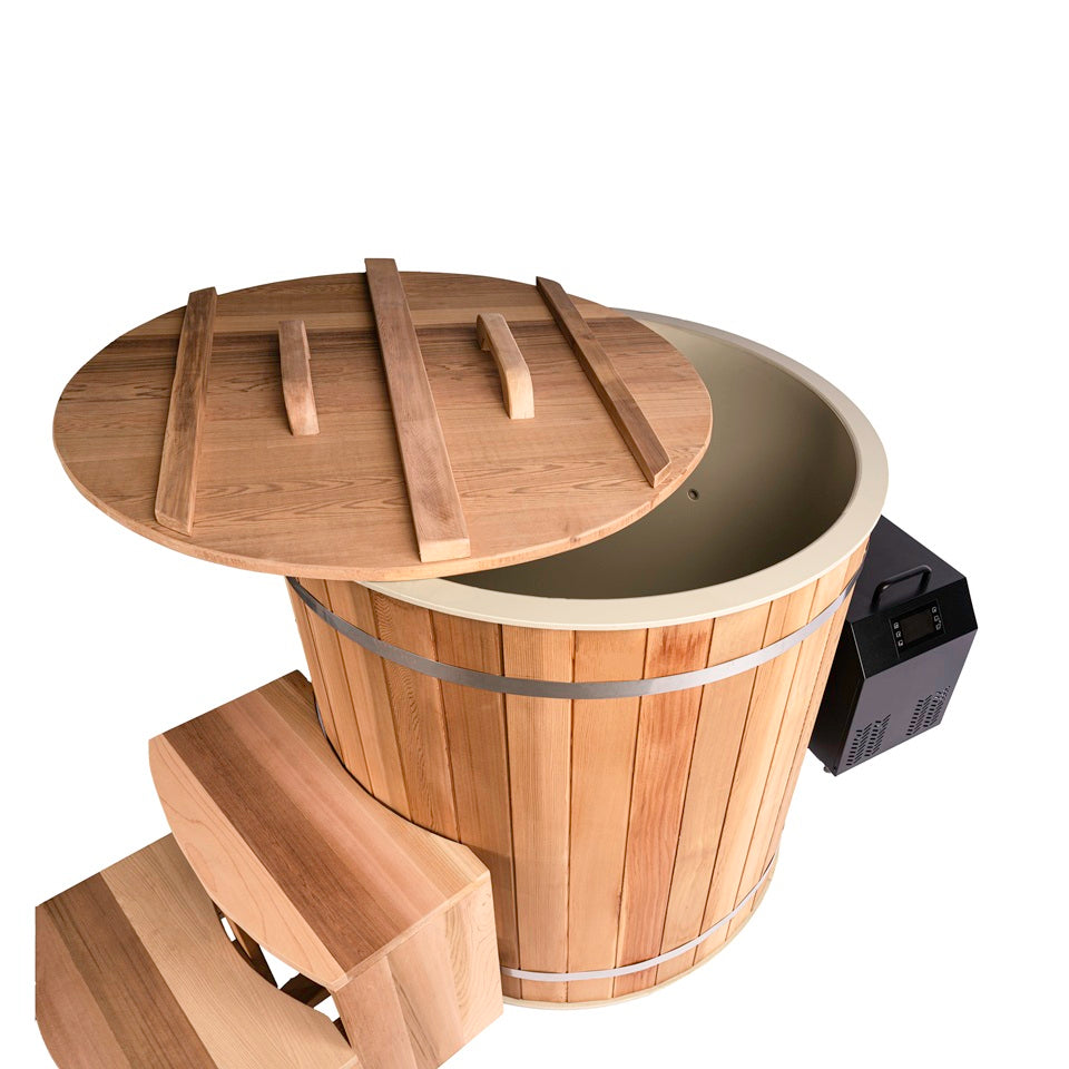 Open view of WIDO cedar ice bath showing inside the tub