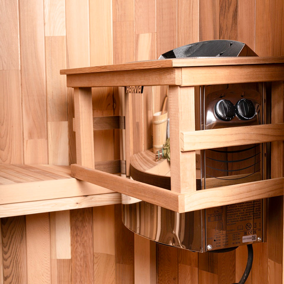 Detail of Harvia electric heater inside WIDO outdoor sauna