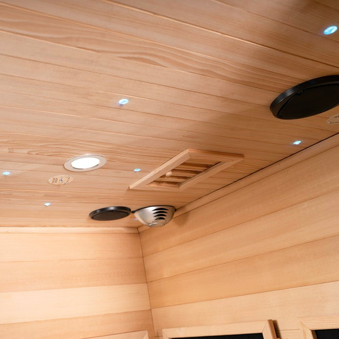 Inside view of WIDO infrared sauna showing lights and speakers