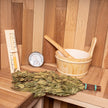 Inside view showing benches and heater of WIDO traditional outdoor sauna