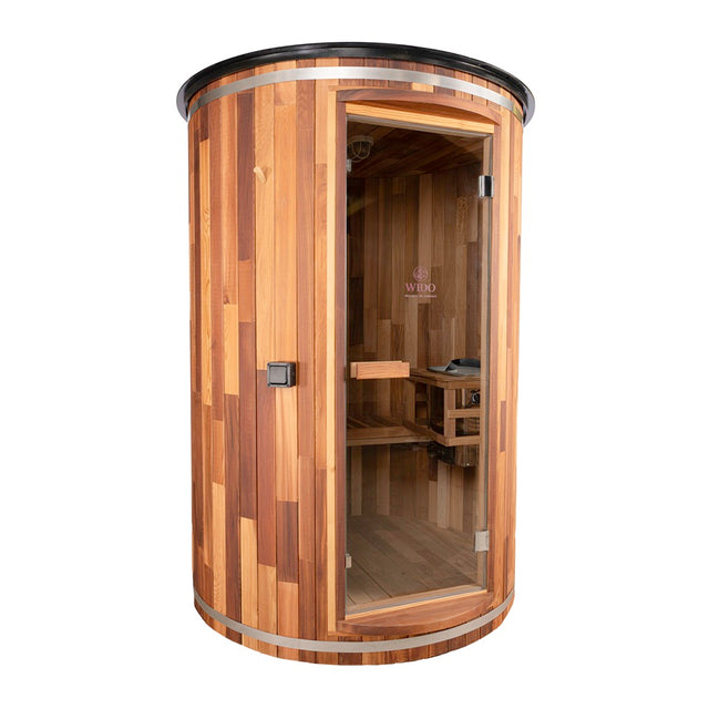 Exterior view of WIDO outdoor sauna made from Canadian red cedar wood