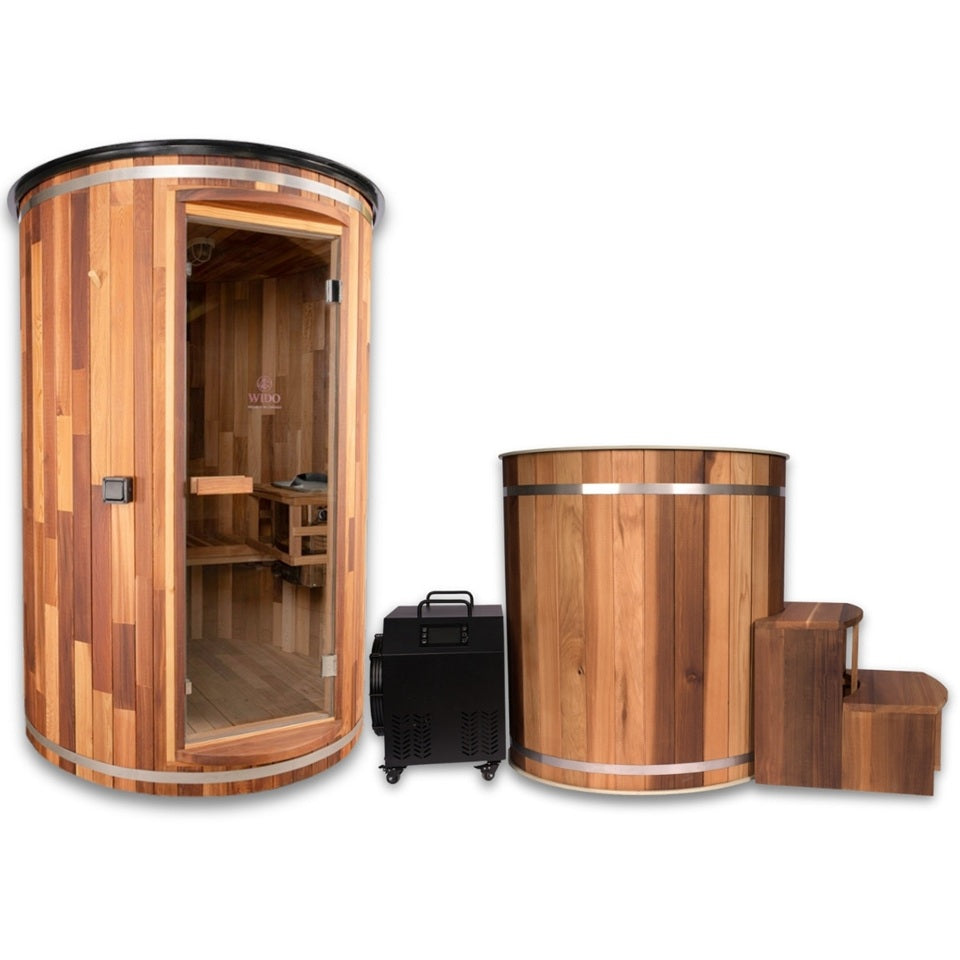 Outdoor sauna and ice bath tub cold water therapy