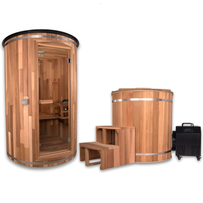 Outdoor sauna and ice bath tub cold water therapy