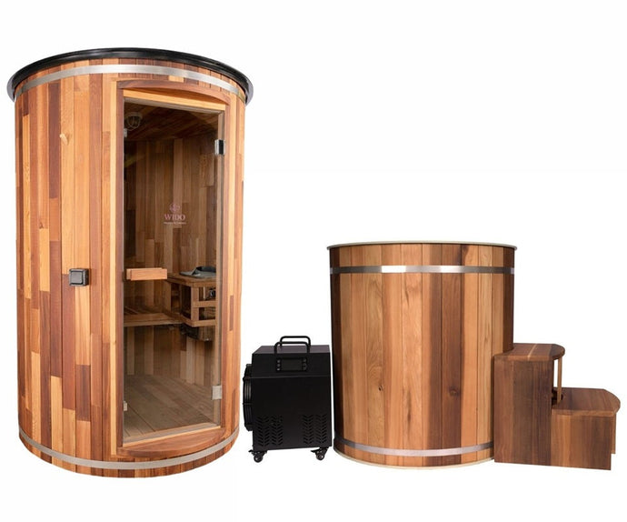 Outdoor sauna and ice bath tub cold water therapy