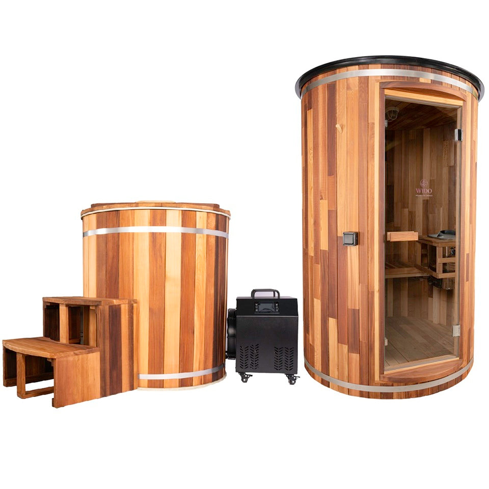 Outdoor sauna and ice bath tub cold water therapy