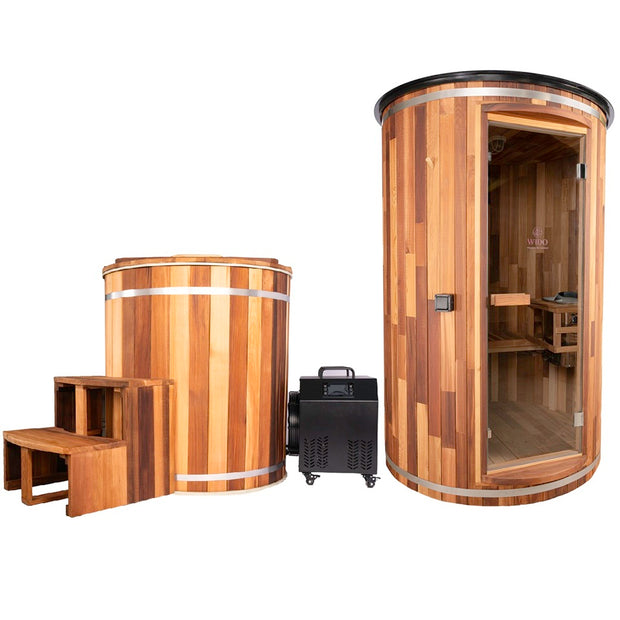 Outdoor sauna and ice bath tub cold water therapy